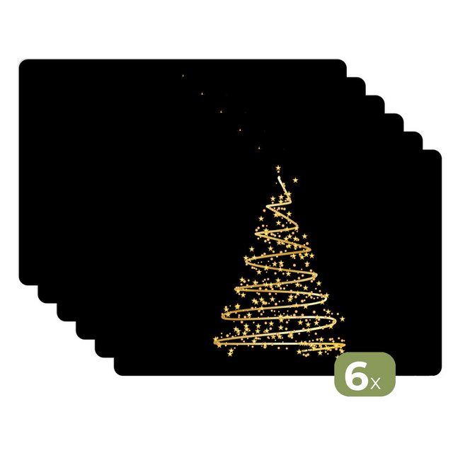 MuchoWow Platzset Weihnachten – Gold – Weihnachten – Urlaub – Schwarz, (6-St), Platzsets, Tischset, Abwaschbar, Tischsets, Platzdeckchen