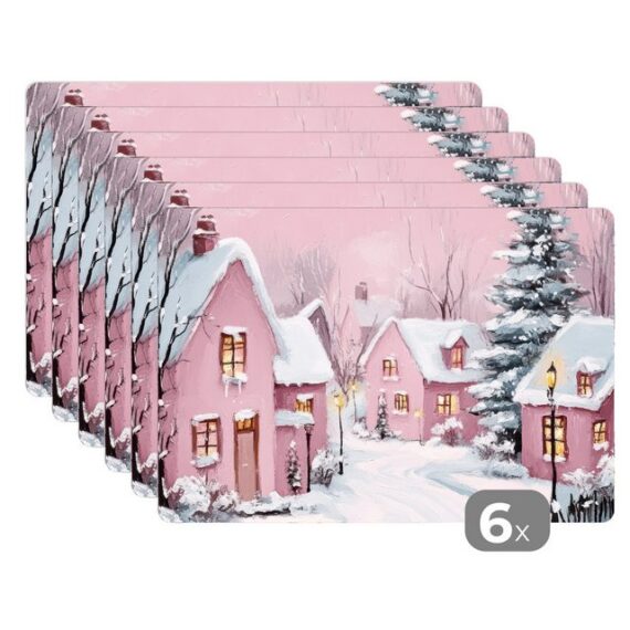 MuchoWow Platzset Weihnachtsdorf - Rosa - Winter - Schnee - Häuser, (6-St), Platzsets, Tischset, Abwaschbar, Tischsets, Platzdeckchen