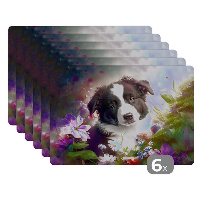 MuchoWow Platzset Welpe – Sonne – Blumen – Natur – Border Collie – Hund, (6-St), Platzset, Platzdecken, Platzmatte, Tischmatten, Schmutzabweisend