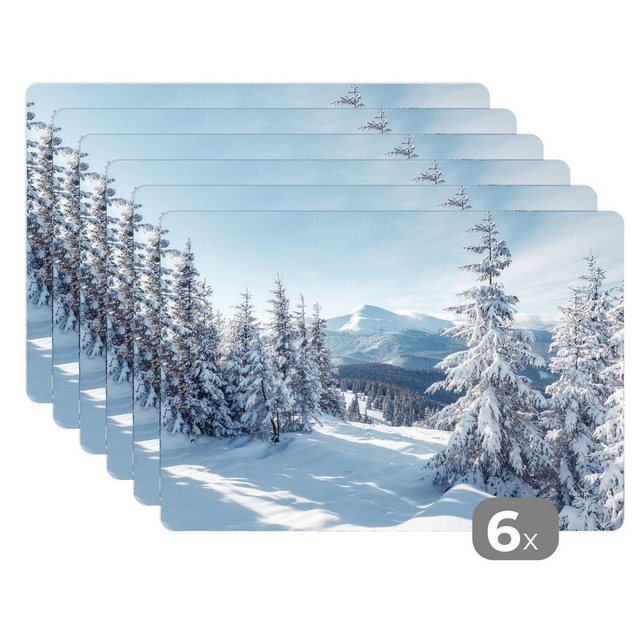 MuchoWow Platzset Winterlandschaft – Natur – Berge – Bäume – Schnee, (6-St), Platzsets, Tischset, Abwaschbar, Tischsets, Platzdeckchen