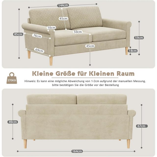 NAIMP 2-Sitzer Stoff Sofa 164cm mit beidseitigen Taschen und Kissen Montage