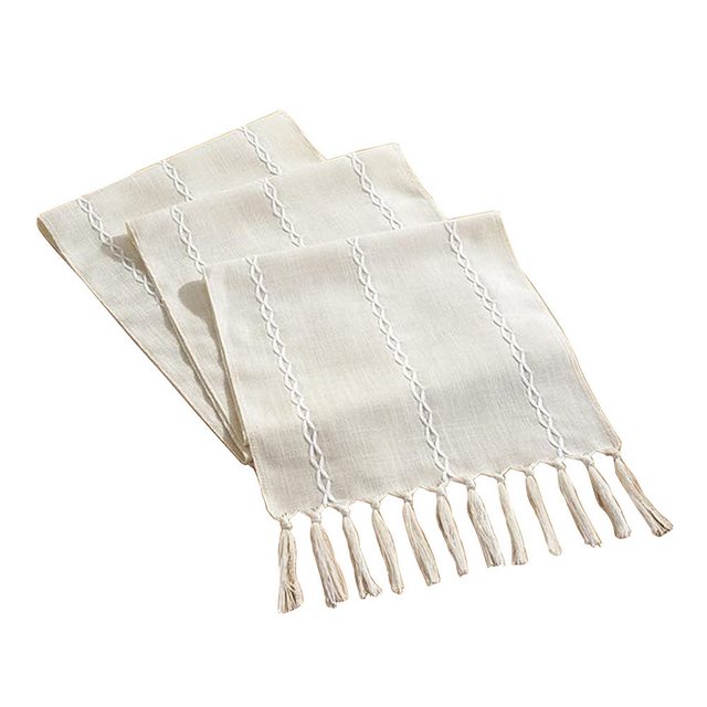 NUODWELL Tischläufer Boho Creme Landhausstil Quasten Tischläufer, Waschbar Tisch Dekoration, Handgefertigten Quasten,für Picknick Party Küche Hochzeit,33×160/183cm