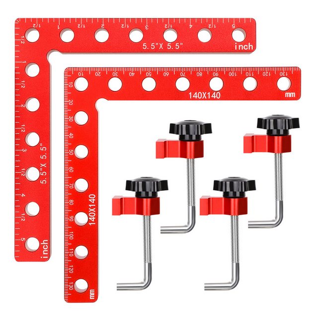 QUBEBU Klemmen 2/4tlg 90° Holz Winkelklemmen Winkelspanner Rechtwinklig Winkel 140mm, (Hilfsbefestigung Eckklemme Aluminium Für Holzbearbeitung, Enthalten 4/8 Paare Befestigungsclip, Professionell Klemmen), Präzisionsklemmwinkel Tischlerwinkel