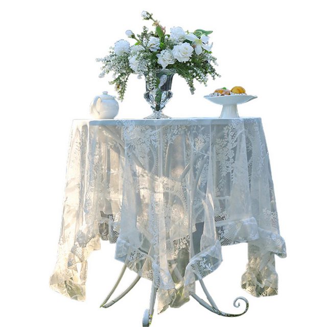 Refttenw Tischdecke Vintage Stickerei Elegante Blume Runde Spitze Tischdecke mit Rüschen