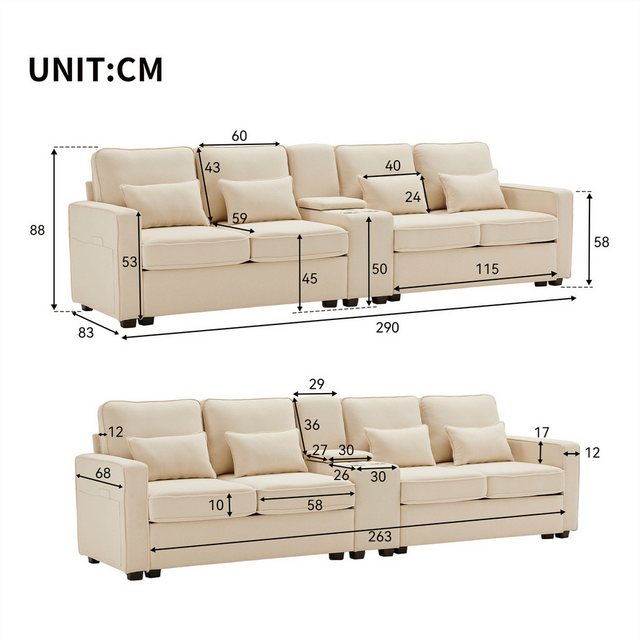 Rhein Beleuchtung Big-Sofa Modernes 4-Sitzer Sofa aus Leinenstoff mit Konsole, Mit Armlehne, multifunktionale Aufbewahrung, unterstützt Laden