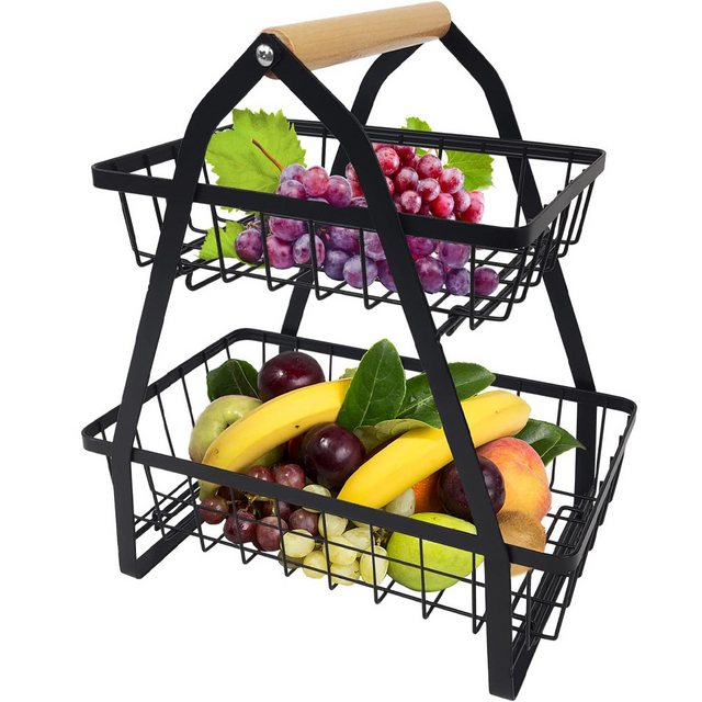 Rhein Beleuchtung Etagere 2-Stöckiger Obstkorb, Abnehmbarer Obstständer, Obstkörbe aus Metall, (obst und gemüse aufbewahrung, Obstständer aus Metall mit Holzgriff), Halten Sie Obst und Gemüse belüftet, um Fäulnis zu vermeiden