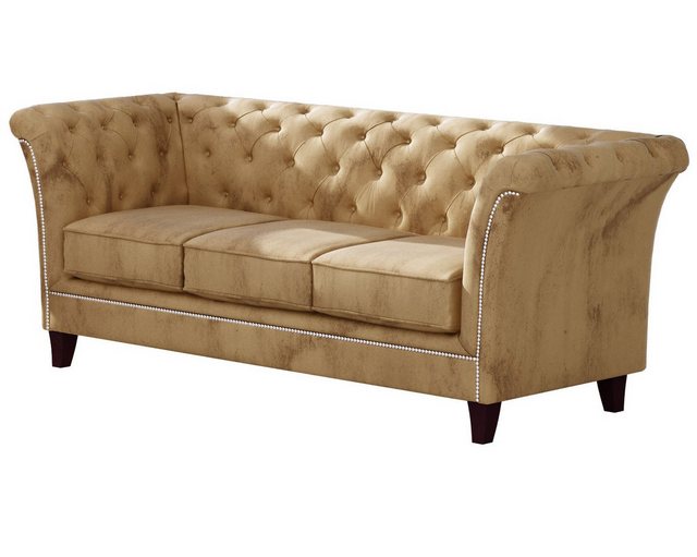 S-Style Möbel Chesterfield-Sofa 3-Sitzer Rainsburg aus Samt-Stoff mit Holzfüßen, mit Wellenfederung