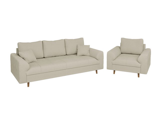 S-Style Möbel Polstergarnitur 3+1 Zara mit Braun Holzfüßen im skandinavischen Stil aus Cord-Stoff, (1x 3-Sitzer-Sofa, 1x Sessel), mit Wellenfederung