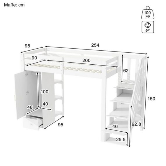 SOFTWEARY Hochbett (mit Kleiderschrank, 90x200 cm) Kinderbett mit Rausfallschutz, Kiefer