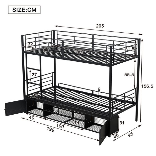 SeedWave Etagenbett Metall-Etagenbett mit Stauraum und Schuhregal, 90×200 cm, schwarz, Etagenbett mit Leiter und Sicherheitszaun für Kinder und Jugendliche