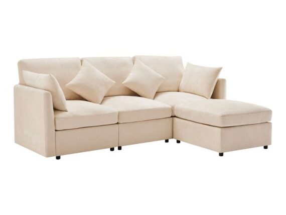 SeedWave Sofa L-förmiges 3-Sitzer-Sofa aus Chenille mit Abnehmbarem Fußhocker, 4 Kissen, Pflegeleichtem Abnehmbarem Rückenbezug, Modernes Design