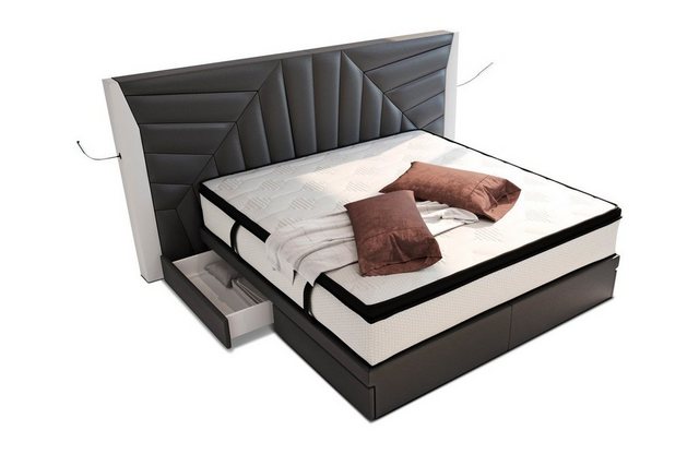 Sofa Dreams Boxspringbett Boxspringbett Monaco Leder, mit Topper, mit Schubladen, mit LED-Beleuchtung, mit USB-Anschlüssen