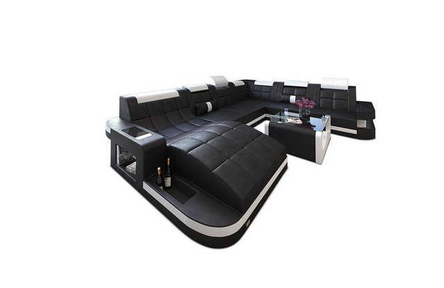 Sofa Dreams Wohnlandschaft Leder Sofa Ledercouch Wave XXL Ledersofa, Couch, mit ergonomischen Ottomane und LED Beleuchtung