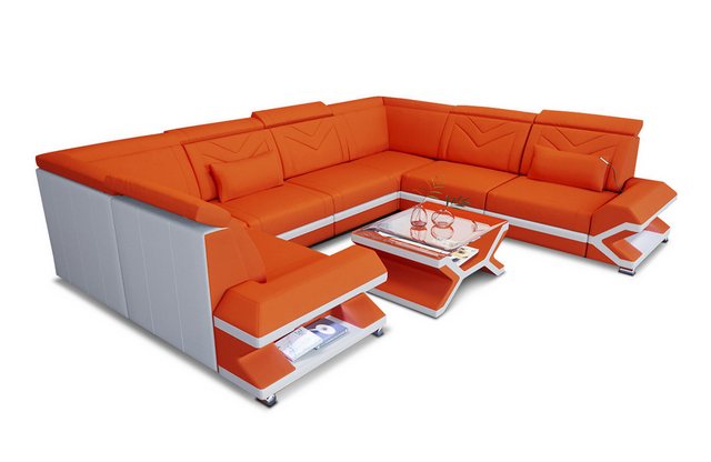 Sofa Dreams Wohnlandschaft Polstersofa Couch Stoff Sorrento U Form Stoffsofa, mit LED, ausziehbare Bettfunktion, USB-Anschluss, Designersofa