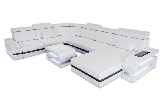 Sofa Dreams Wohnlandschaft XXL Ledersofa Bologna U Form Mini, Designersofa, Sofa mit Licht und USB