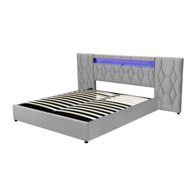 Sweiko Polsterbett Stauraumbett mit großer Rückenlehne, (mit Samtbett mit LED und USB-Steckdose, hydraulisches Stauraumsystem)