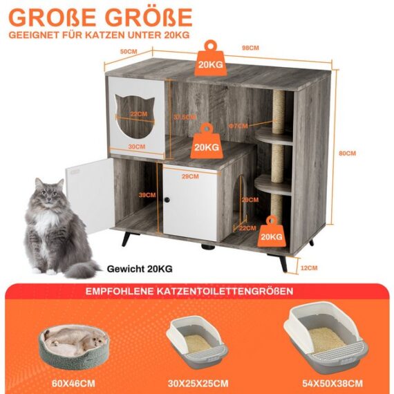 TLGREEN Katzentoilette 3-in-1 mit Katzenklo-Schrank, 98x91x50CM, Versteckt Katzenkloschrank mit Tür, Stabile Katzenschrank