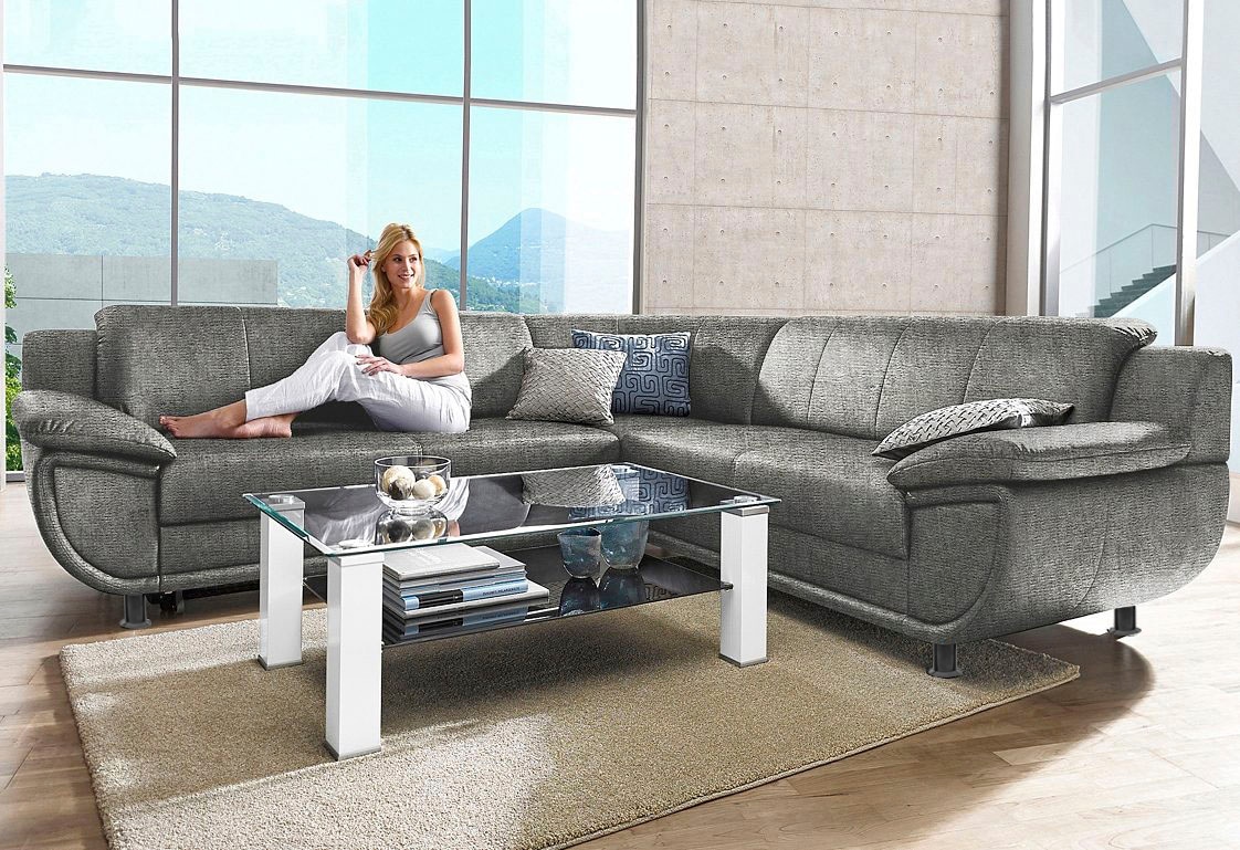 TRENDMANUFAKTUR Ecksofa „Rondo wahlweise mit Schlaffunktion, 267×247 cm (BxT), breite Armlehnen“, L-Form, wahlweise mit Federkern bestellbar, Füße schwarz