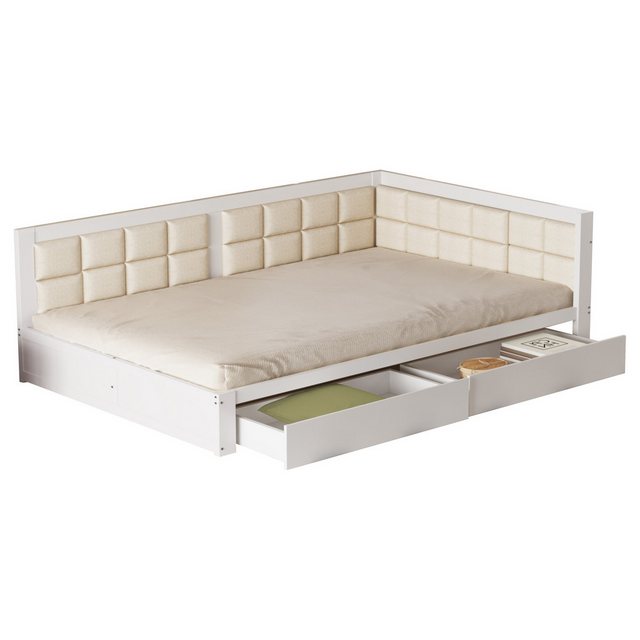 Tongtong Einzelbett Sofa Holzbett, Multifunktionsbett, Weiche Rückenlehnenform, Große Stauraumschubladen, 140cm*200cm,Weiß