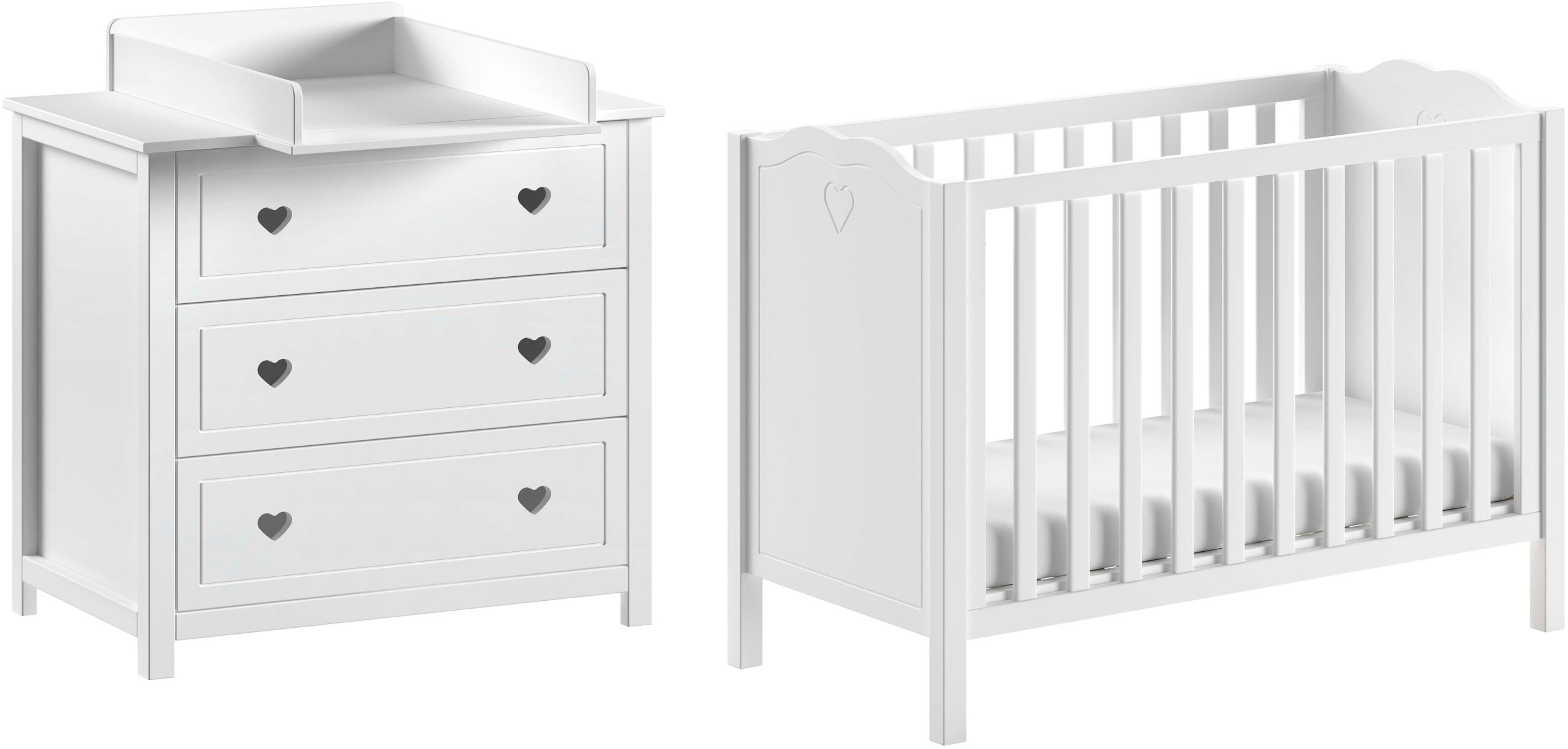 Vipack Babyzimmer-Komplettset „Amori 3-tlg. mit Herz-Ornamenten, MDF/Massiv weiß lackiert“, (3 tlg.)