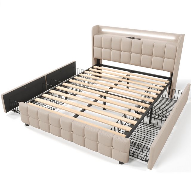 Welikera Polsterbett Doppelbett mit USB Ladefunktion Kopfteil,LED-Beleuchtung,4 Schubladen, 160x200cm Stauraumbett Bettgestell,Lattenrost aus Holz,Ohne Matratze