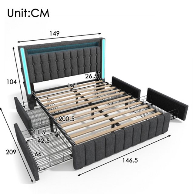 XDeer Polsterbett Polsterbett USB Typ C Ladefunktion LED-Beleuchtung und 4 Schubladen, Doppelbett Stauraumbetten Bettgestell,(Ohne Matratze)