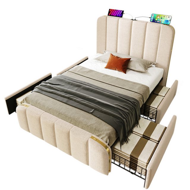 XDeer Polsterbett Polsterbett mit 4 Schubladen und USB Typ-C Ladefunktion, Einzelbett Beige Leinen-Material Gepolstertes Kopfteil 90*200cm