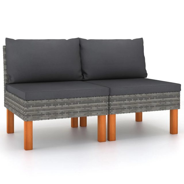 ZMH Sofa 2 Stk. Grau Poly Rattan und Eukalyptus Massivholz Mittelsofa, Packung 2 Teile, mit Rückenkissen Wohnzimmer