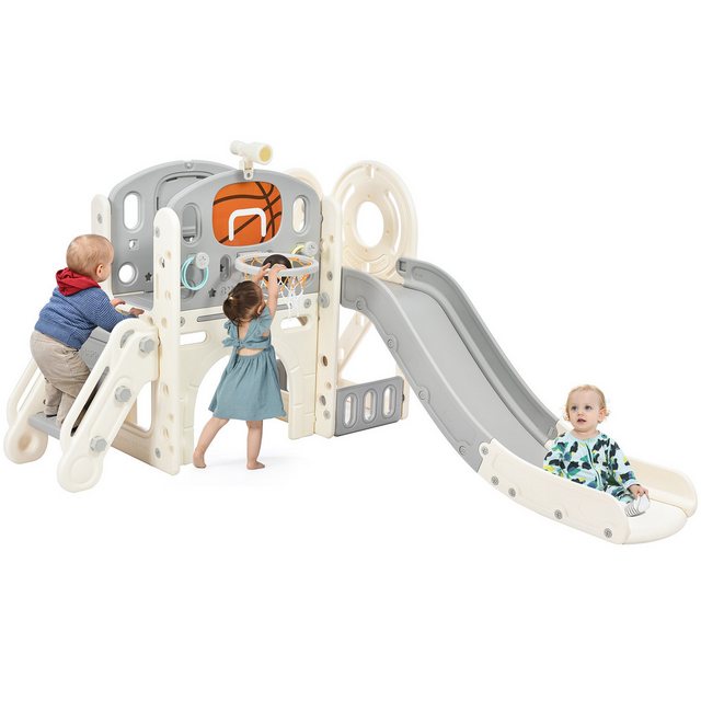 ZREE Indoor-Rutsche mit langer Rutsche, Aufbewahrungsbox, Treppenleiter, Basketballkorb, (Kinder Spielplatz Gartenrutsche Kombi-Rutsche für Kinder, Kinder Spielplatz für In-und Outdoor,Hinterhof Baby Rutsche Set), 7 in 1 Spielzentrum,Rutsche,Treppenleiter,Teleskop,Tunnel, Wurfring