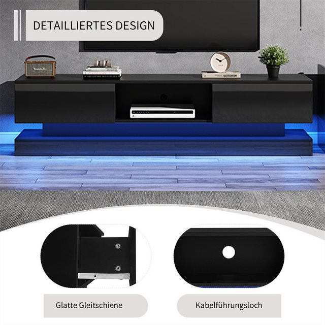 autolock TV-Schrank Schwarzer Hochglanz-TV-Ständer mit LED-Beleuchtung, 2 Schubladen Anti-Kipp-Design, geeignet für 60-Zoll-Fernseher, TV-Schränke