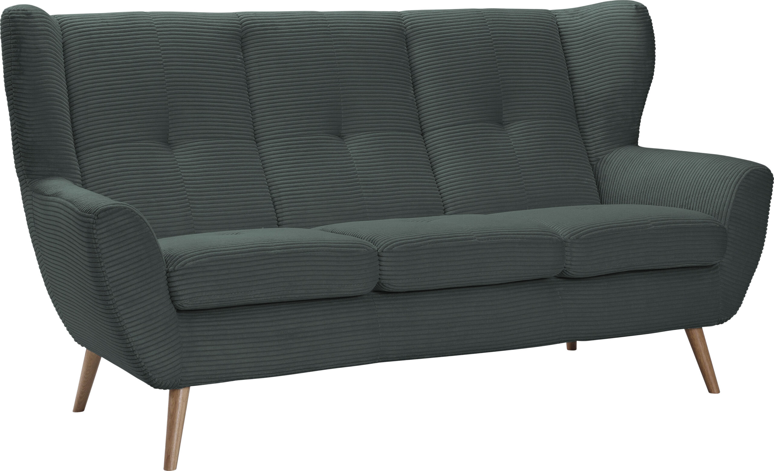 exxpo – sofa fashion 3-Sitzer „ALVESTA, Loungesofa, Küchensofa, hoher Sitzkomfort, Ohrenbackensofa“, gemütliche Rückenlehne, mit Knopfheftung und hohen Holzfüßen, in Cord