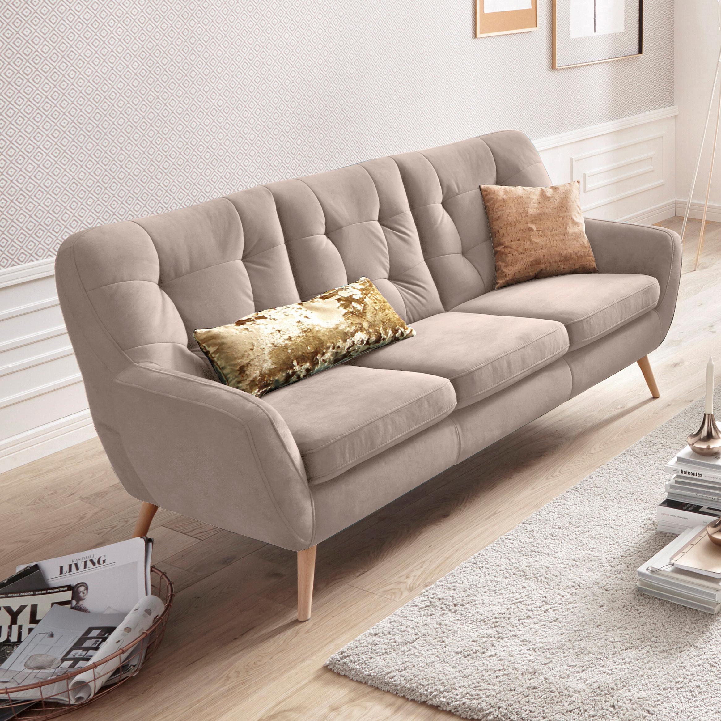 exxpo – sofa fashion 3-Sitzer „Scandi, bequem, aufwendige Rückenpolsterung für mehr Sitzkomfort“, aktuelle Farben in hochwertigen Bezugsqualitäten, Holzfuß