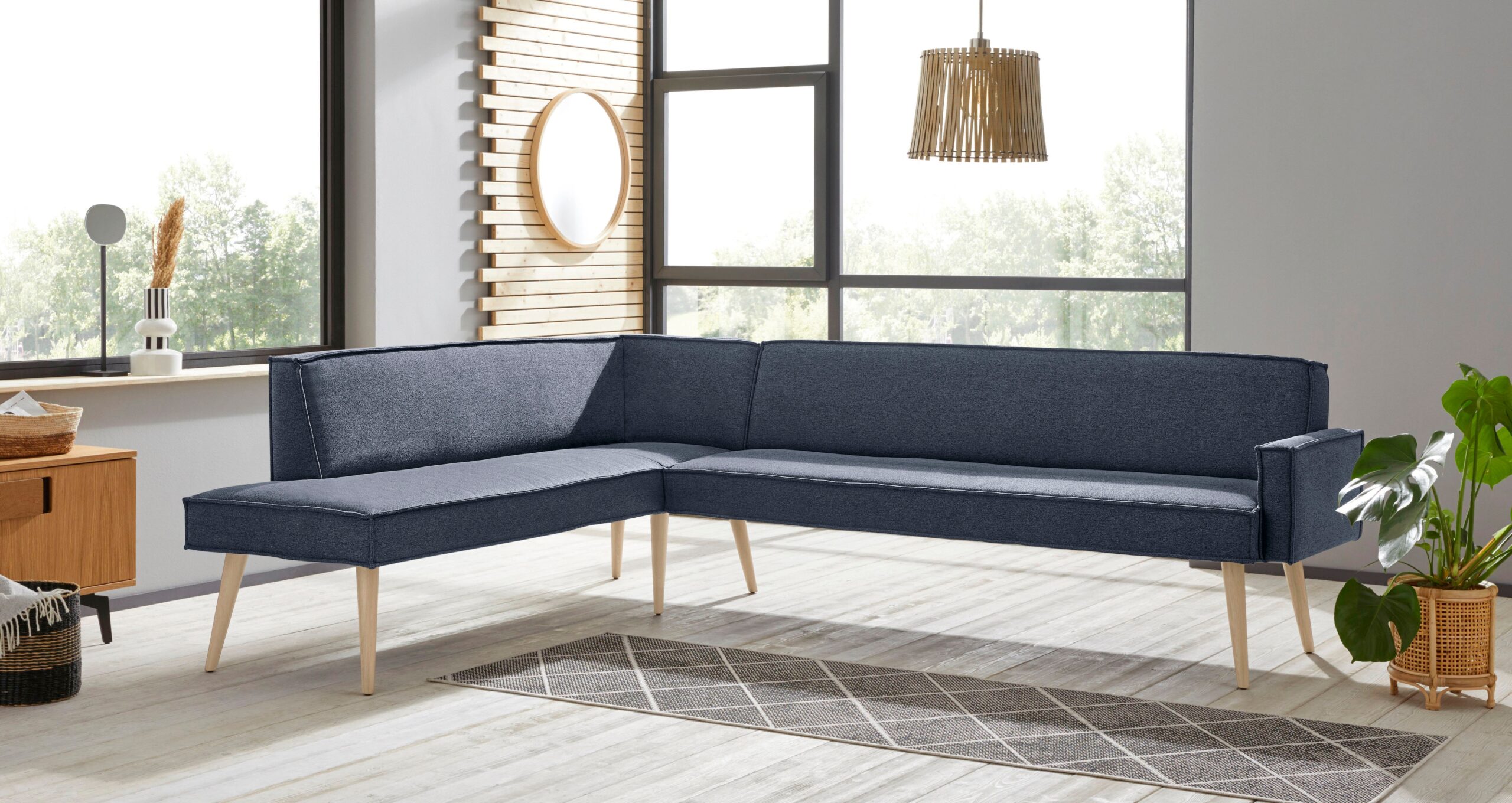 exxpo – sofa fashion Eckbank „Lungo, moderne Kedernaht, bequem und elegant, hoher Holzfuß“, hochwertige Detailverarbeitung, frei im Raum stellbar