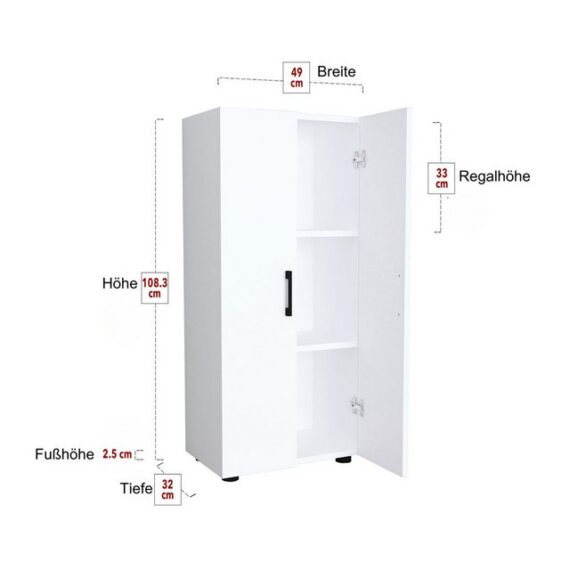 gowoll Mehrzweckschrank mit 2 Türen 3 Weiß Einlegeboden 108x49x32 cm Holz Küchenschrank (49 cm Breit) Aktenschrank Ordnerschrank Büroschrank Flurschrank Schrank Weiß