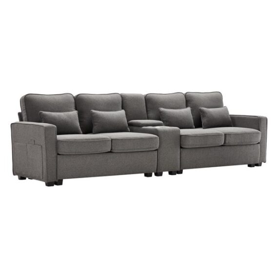 i@home Sofa Modernes 4-Sitzer-Sofa aus Leinenstoff mit Konsole,290x83x88 cm, mit Armlehnentaschen und 4 Kissen, 2 Getränkehaltern, 2 USB-Anschlüssen zum Aufladen mit Kabel