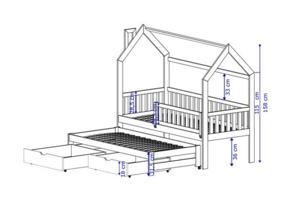 thematys Jugendbett Hausbett mit Ausziehbett und 2 Schubladen weiß / Natur Kinderbett (in den Größen 80x160, 80x180 und 90x200cm erhältlich, für Jungen und Mädchen, in weiß oder Naur), mit abnehmbaren Rausfallschutz