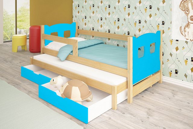 thematys Jugendbett Kinderbett mit abnehmbaren Rausfallschutz und zwei Schubladen 80x180cm (MADE IN EU-Inklusive Matratzen – für Jungen und Mädchen, in den Farben Rosa, Weiß, Blau, Grün, Orange und Natur), Kinderbett aus Kiefernholz und bunten MDF Platten