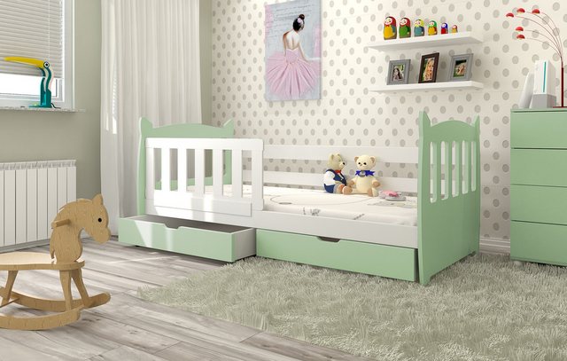 thematys Jugendbett Kinderbett mit abnehmbaren Rausfallschutz und zwei Schubladen (MADE IN EU-Inklusive Matratze (160x75cm) für Jungen und Mädchen, in den Farben Rosa, Weiß, Blau, Grün, Minze, Orange oder Grau), Kinderbett aus Kiefernholz