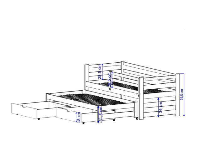 thematys Kinderbett Jugendbett mit Ausziehbett, in Weiß oder Natur mit Rausfallschutz (MADE IN EU – in den Größen 80×160, 80×180 und 90x200cm erhältlich, für 2 Kinder Jungen und Mädchen), mit Ausziehbett und zwei Schubladen