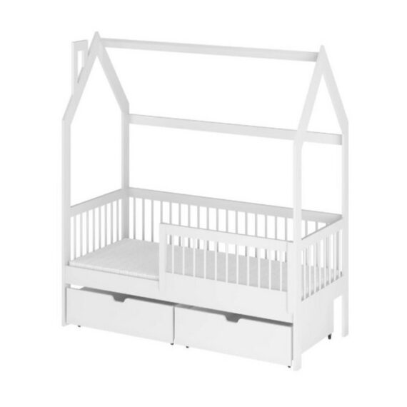 thematys Kinderbett Jugendbett Hausbett mit zwei Schubladen mit abnehmbaren Rausfallschutz (für Jungen und Mädchen, in weiß oder Naur, in den Größen 80x160, 80x180 und 90x200cm erhältlich), aus massiv Kieferholz