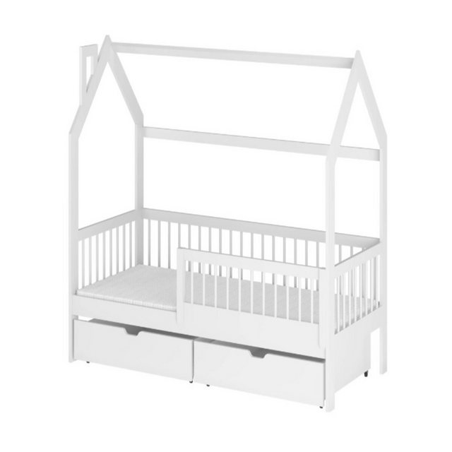 thematys Kinderbett Jugendbett Hausbett mit zwei Schubladen mit abnehmbaren Rausfallschutz (MADE IN EU-für Jungen und Mädchen, in weiß oder Naur, in den Größen 80×160, 80×180 und 90x200cm erhältlich), aus massiv Kieferholz